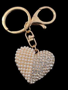 Gold Heart Bag Charm Keychain with Pearls and Crystals